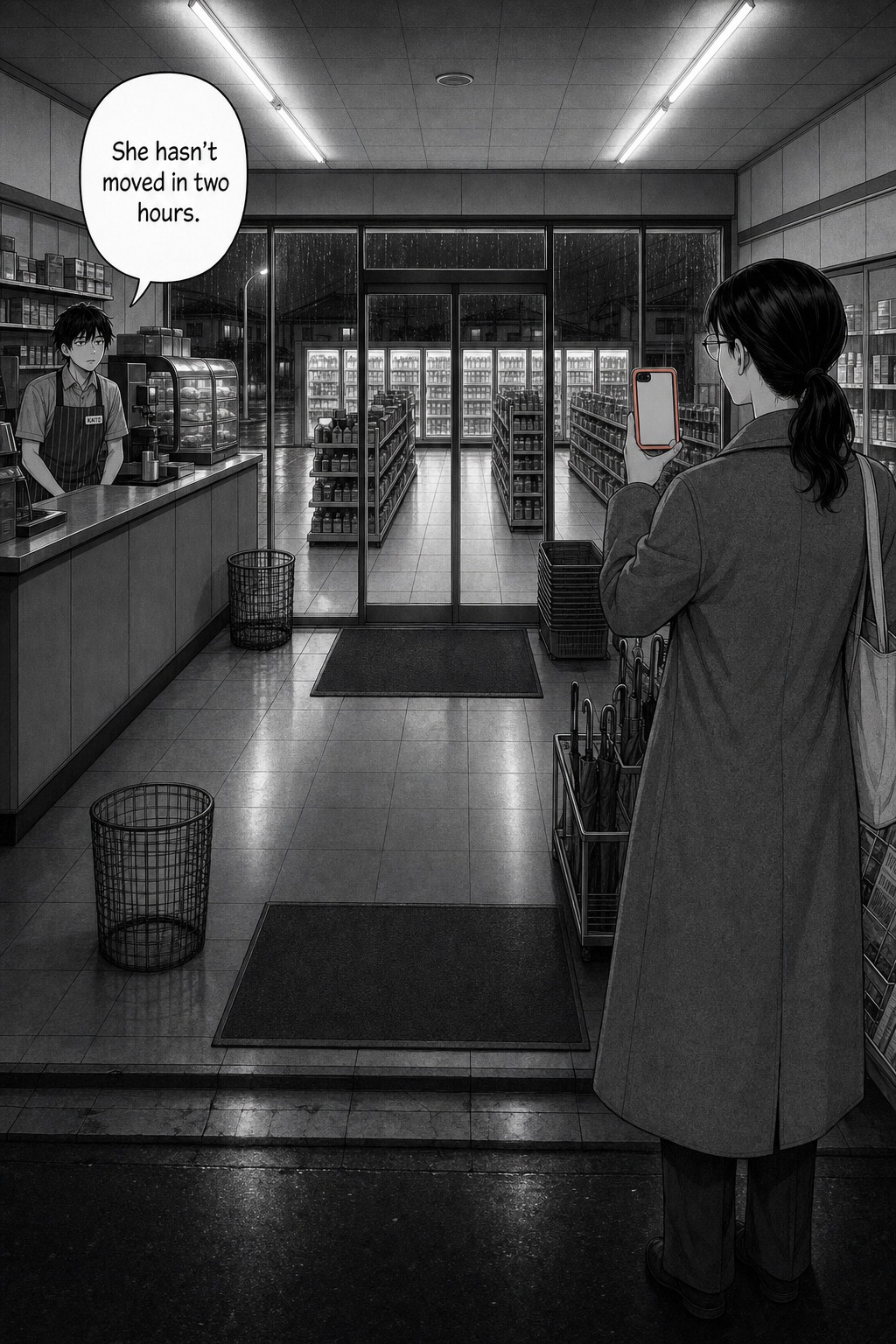 A quiet held shot: the woman in the grey coat still filming, unmoved, deep into the night; Kaito watches from the counter.