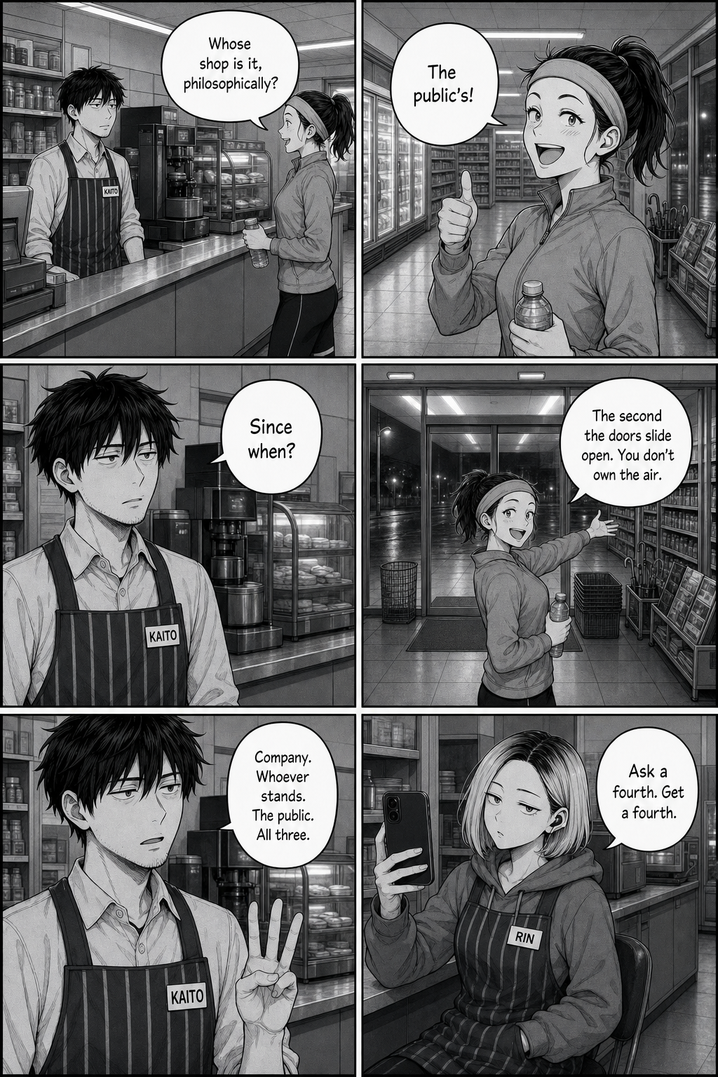 A cheerful jogger tells Kaito the shop belongs to the public; Kaito counts three contradictory answers on his fingers.