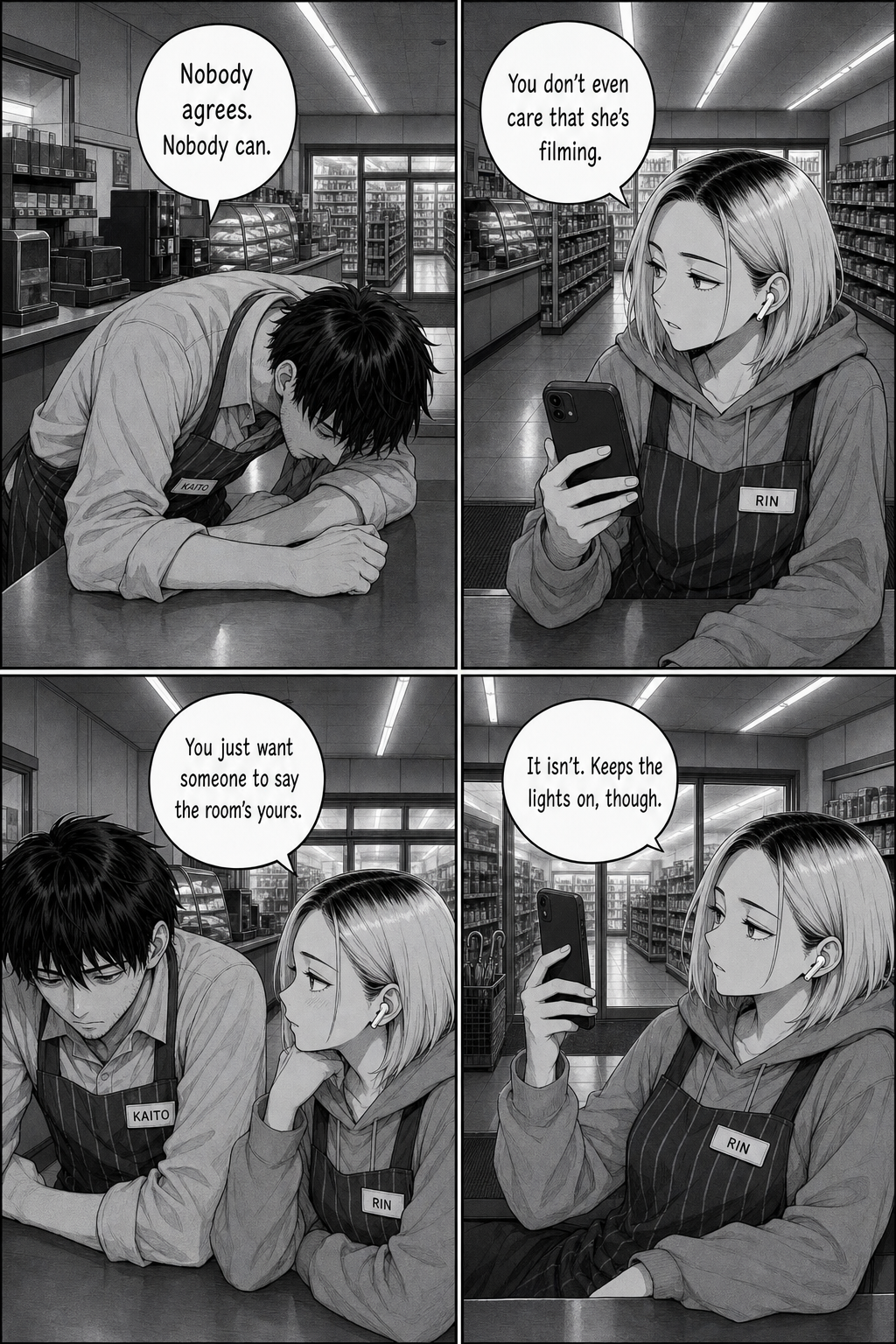 Kaito slumps on the counter; Rin lowers her phone, looks at him, and quietly names what he actually wants before raising it again.