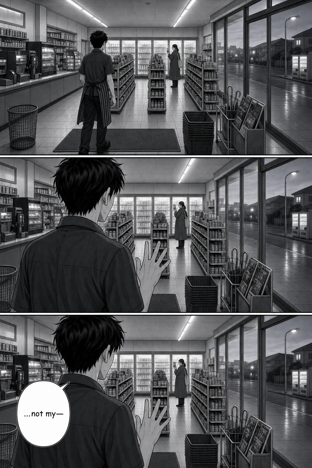 In grey pre-dawn light Kaito approaches the aisle one more time, hand raised, and this time does not turn away.