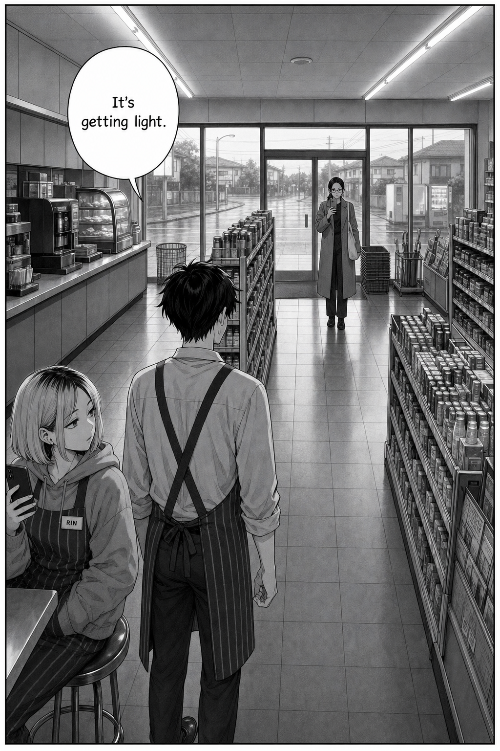 Dawn seeps into the store; Kaito stands resolved at the mouth of the aisle facing the woman, who still films.