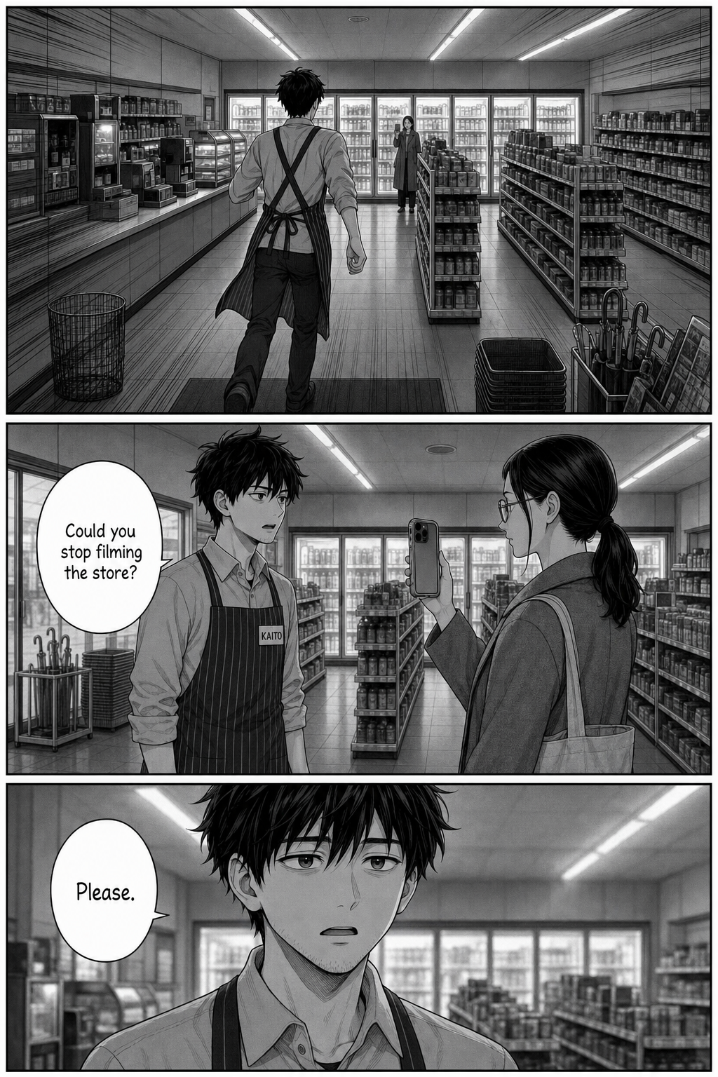 Kaito strides down the aisle and, standing before the woman, finally asks her to stop filming.
