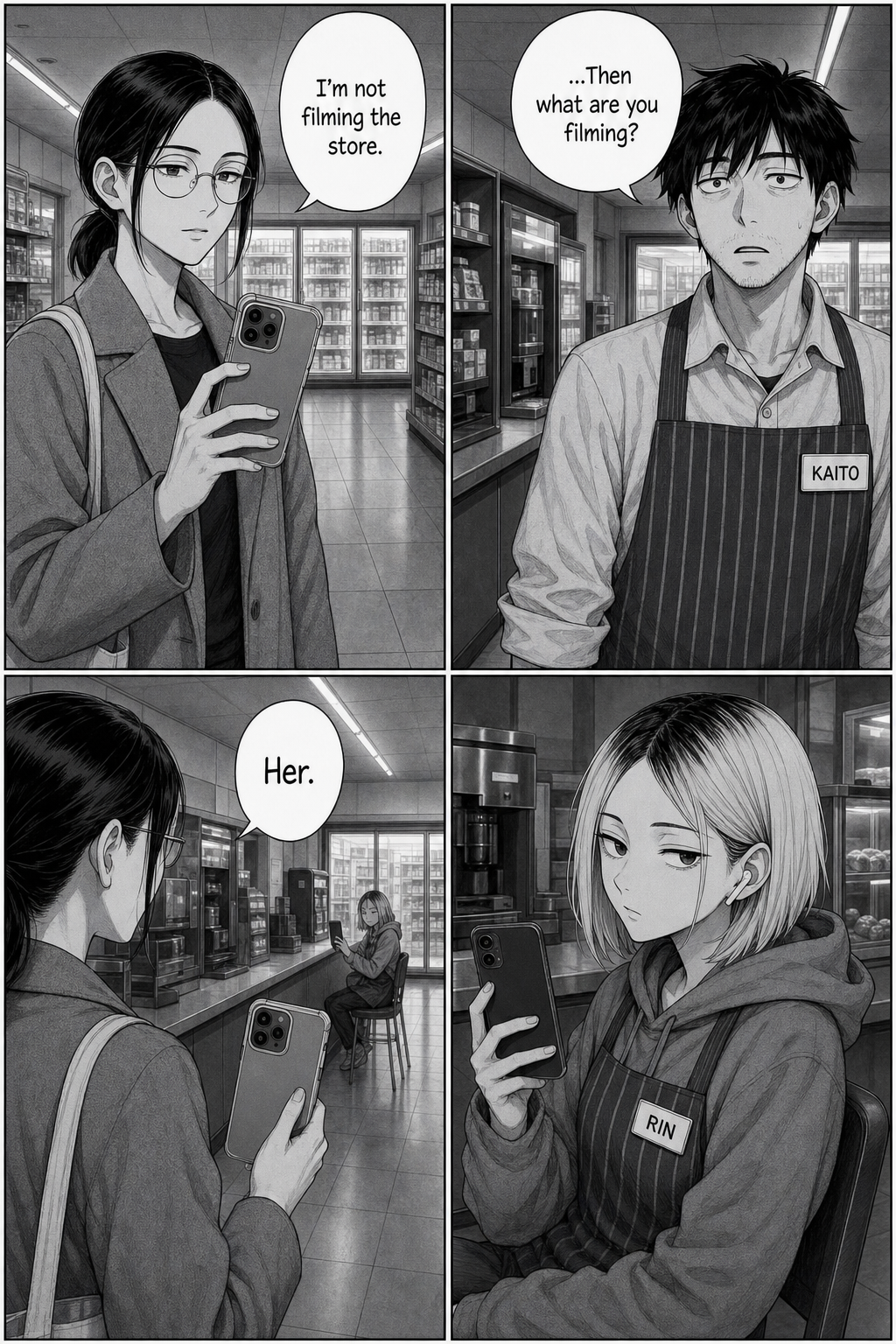 The woman lowers her phone and tells Kaito she isn't filming the store; her gaze slides past him to Rin, who looks back.