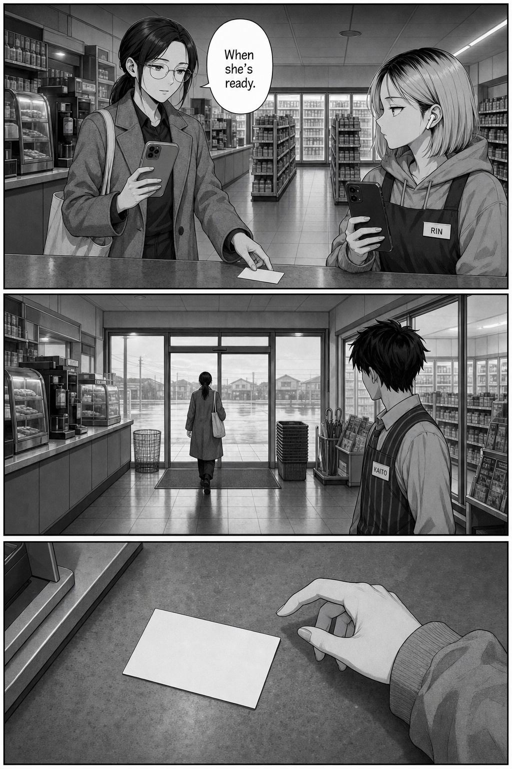 The woman sets a blank white card on the counter beside Rin and leaves through the sliding doors; a close-up shows the blank card as Rin's hand reaches for it.