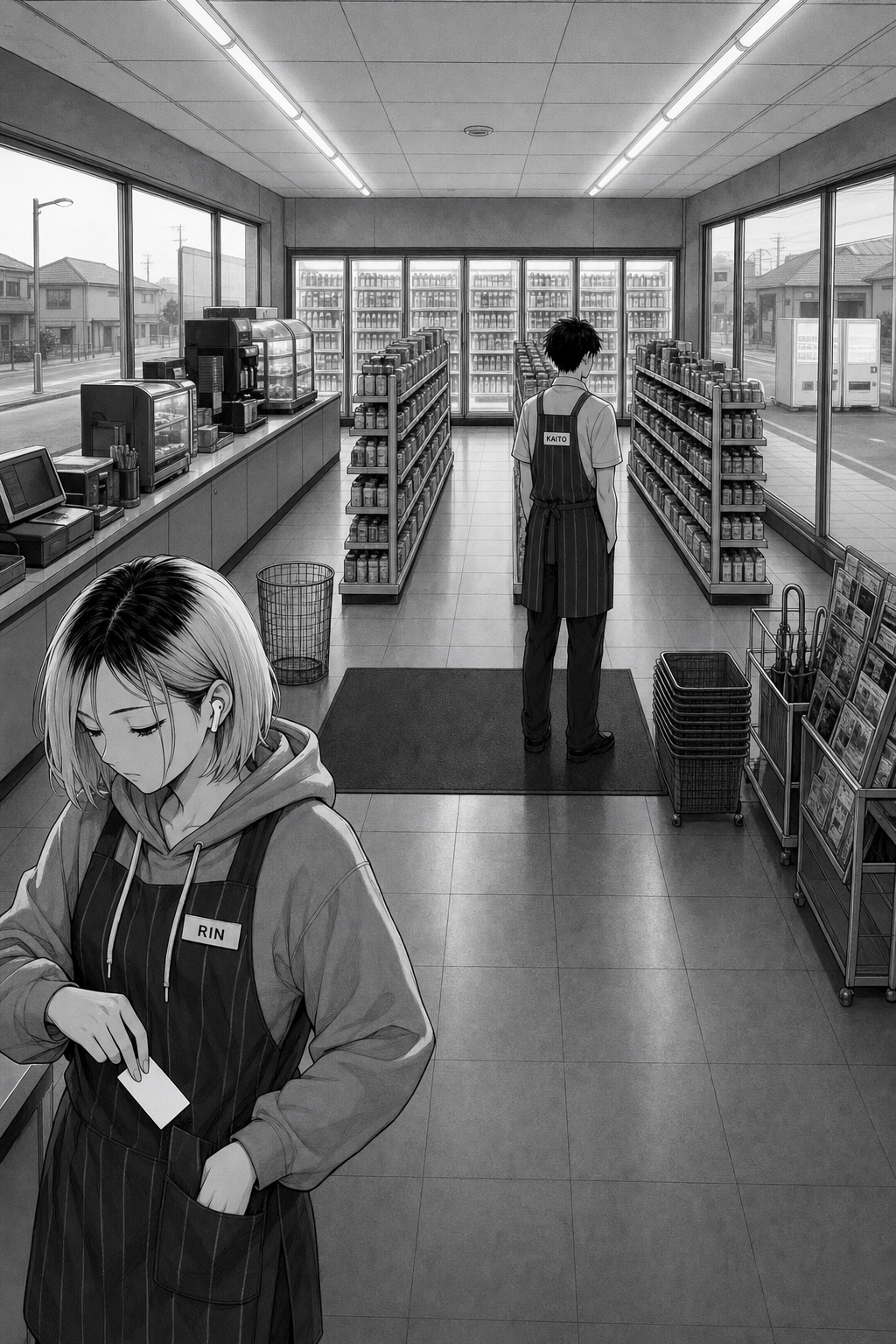 Dawn in the store, mirroring page one: the middle aisle empty where the woman had stood, Kaito facing away, Rin quietly slipping the blank card into her hoodie pocket.