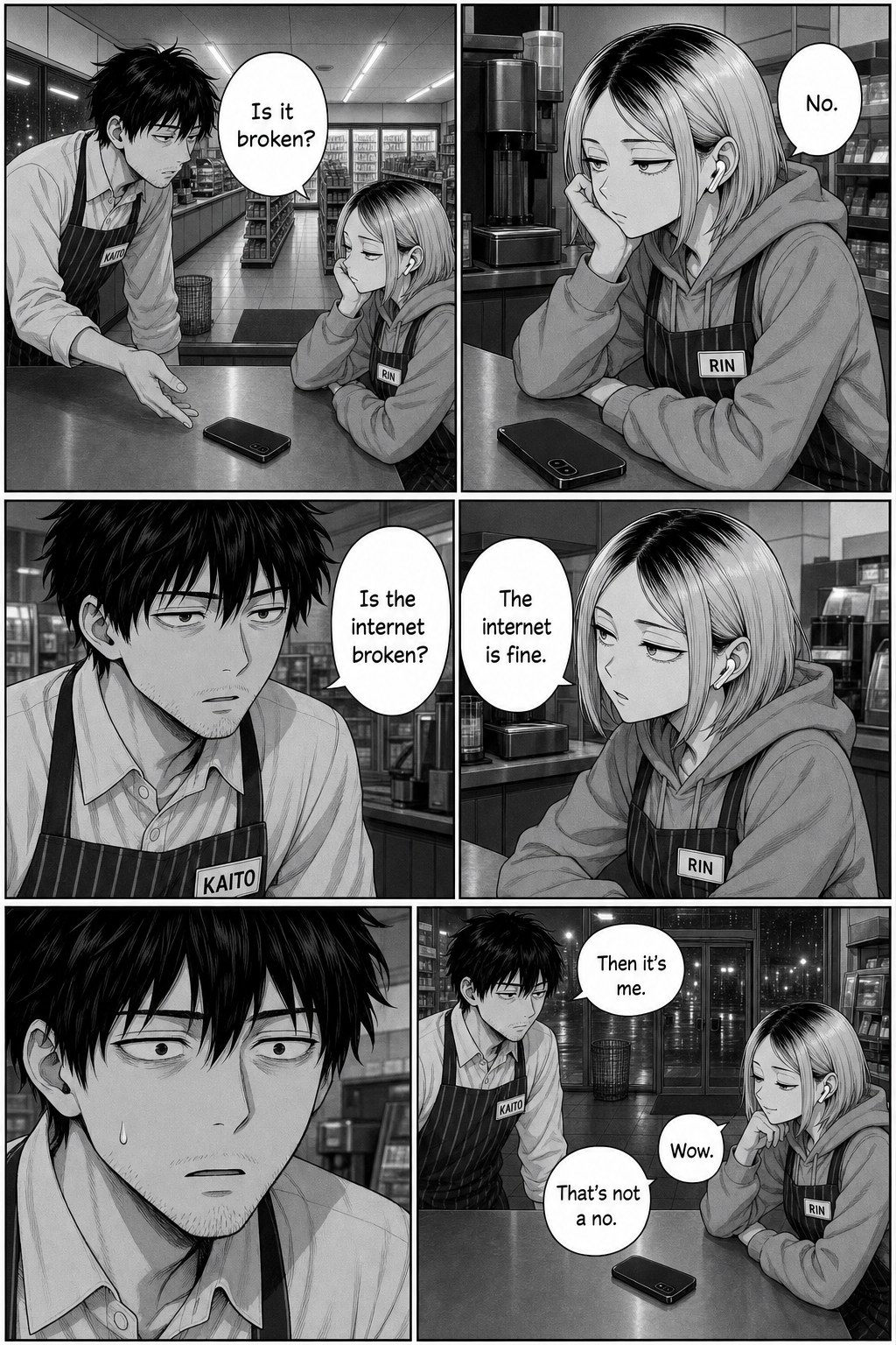 Kaito asks whether the phone is broken, then whether the internet is broken, and concludes the problem must be him.