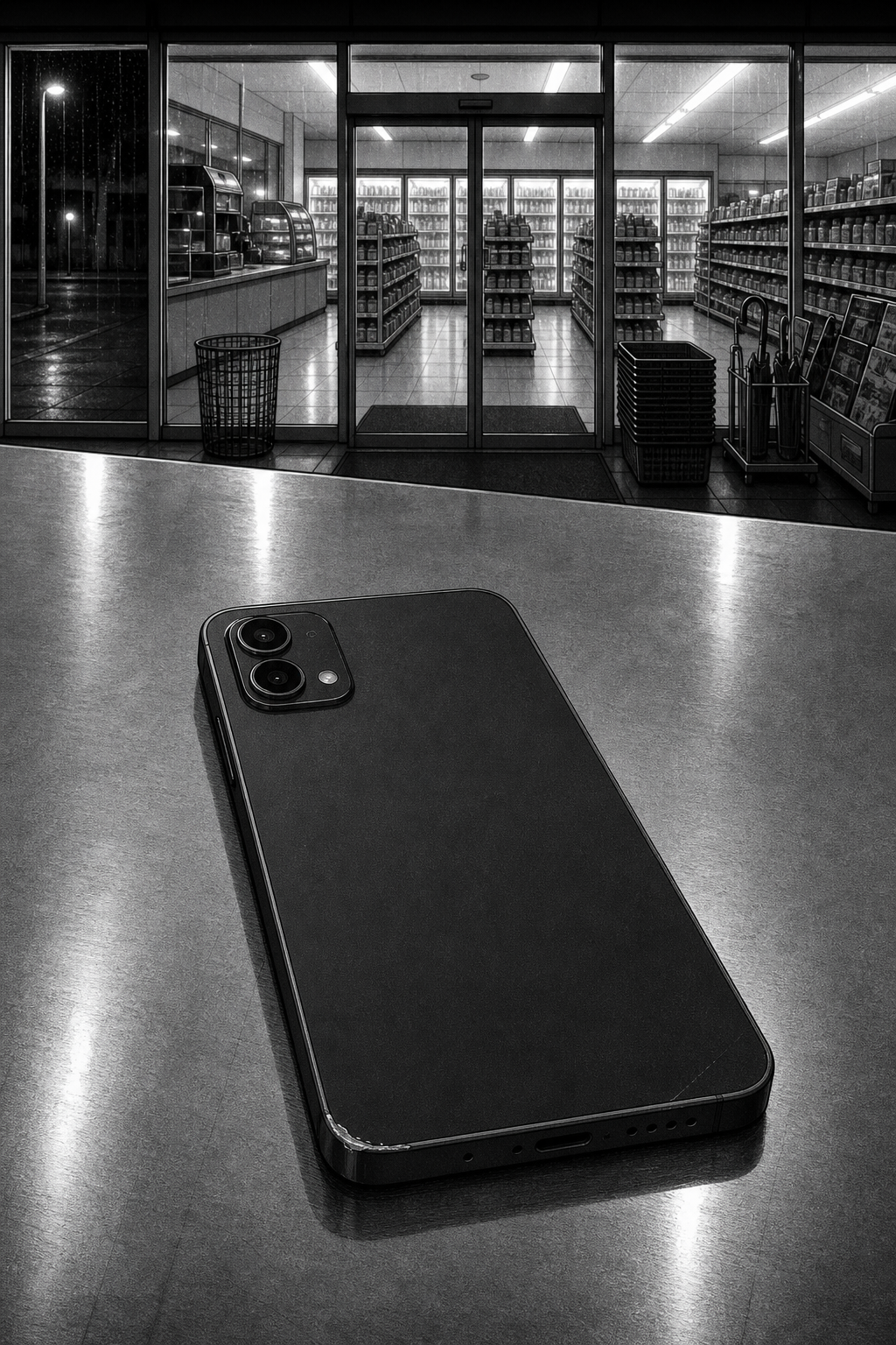 Silent splash: the phone lies alone face-down on the counter under the fluorescent light, rendered huge.