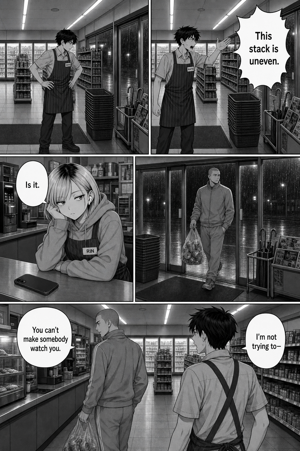 Kaito stages an outburst about the basket stack; Rin doesn't look up, and the tracksuit regular tells him you can't make somebody watch you.