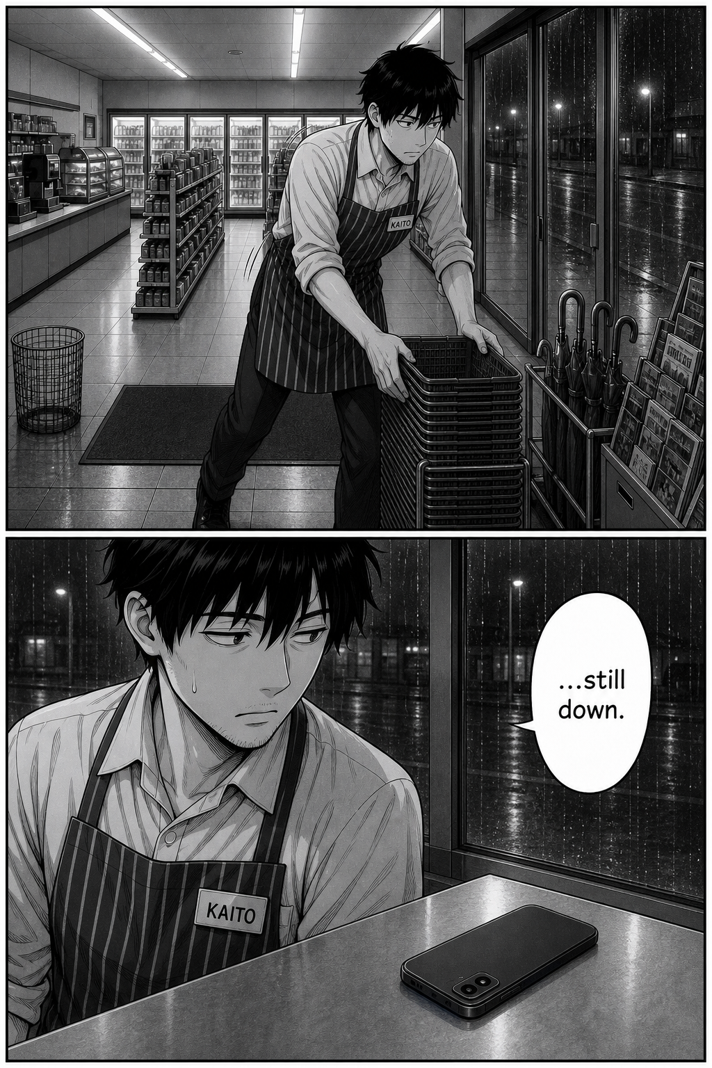 Kaito re-stacks the baskets with enormous effort, checks the counter, and the phone is still face-down.