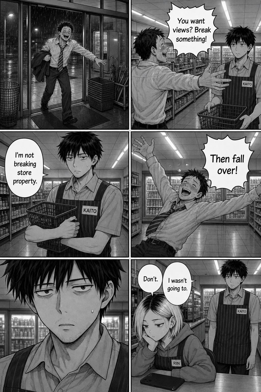 A drunk salaryman tells Kaito to break something for views, then to fall over; Rin tells him not to without looking up.
