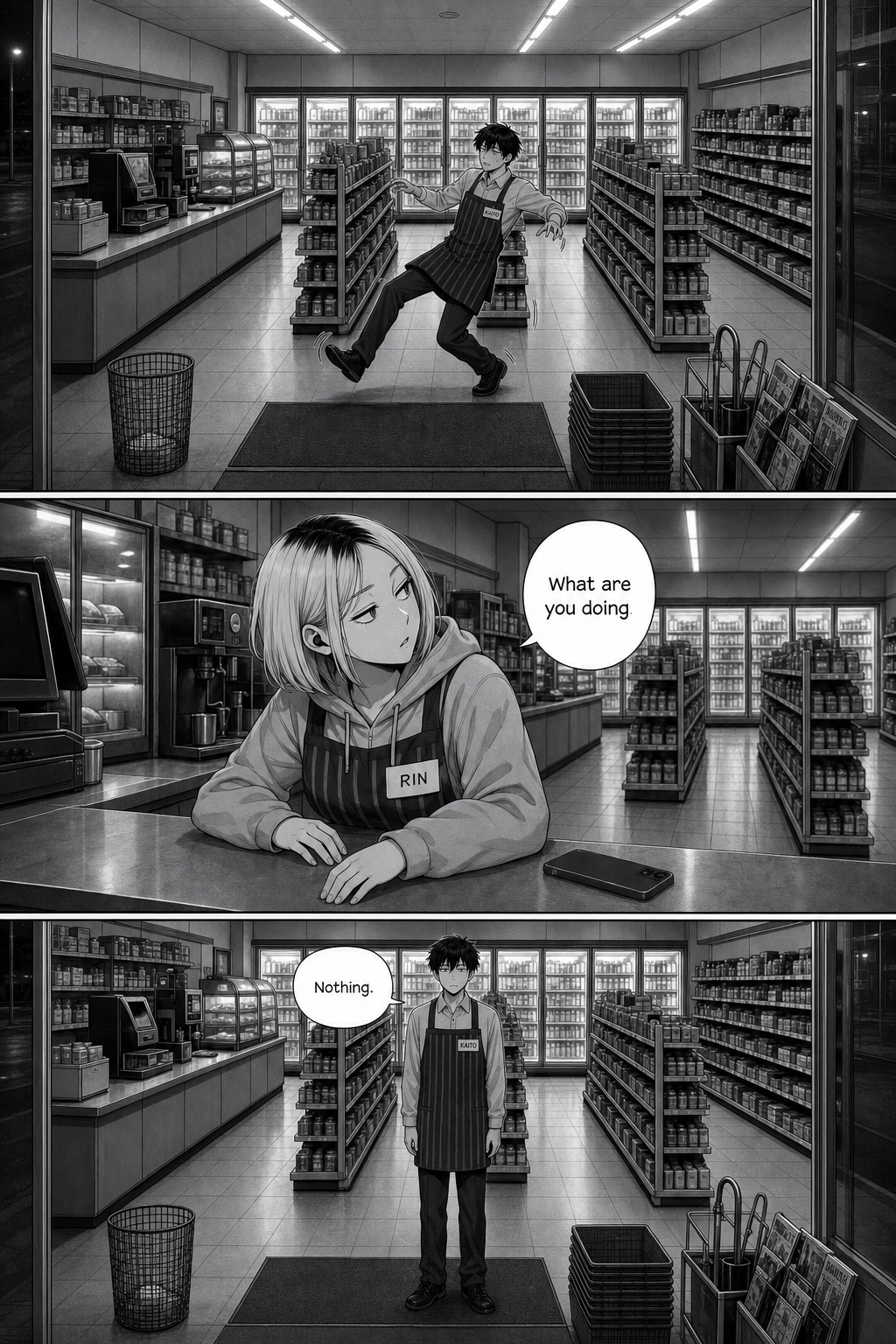 Kaito fakes a stumble in the aisle; Rin looks up and asks what he is doing, and he says nothing.