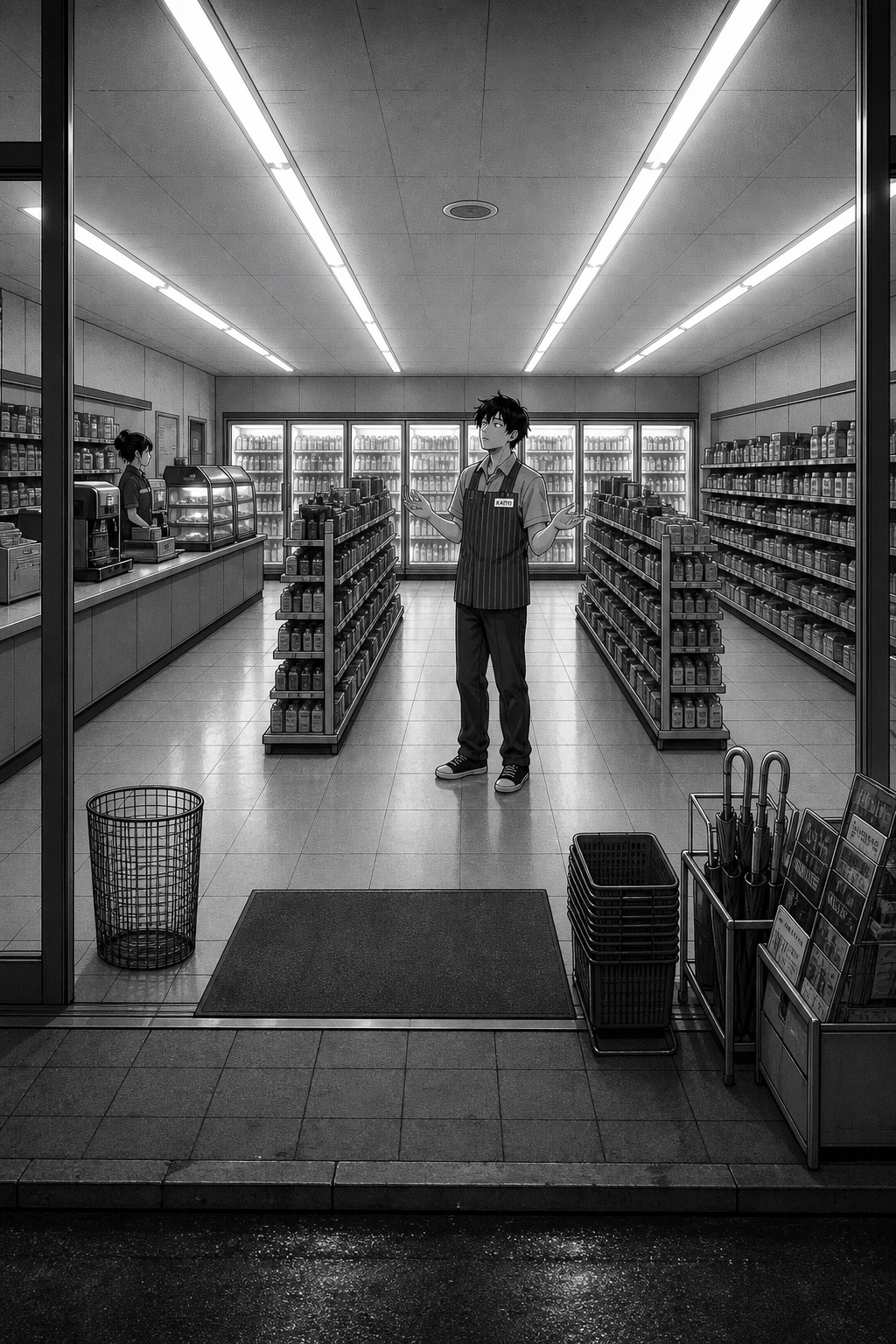 Silent wide shot: Kaito stands alone between the aisles, arms still half-raised from a performance he has abandoned.