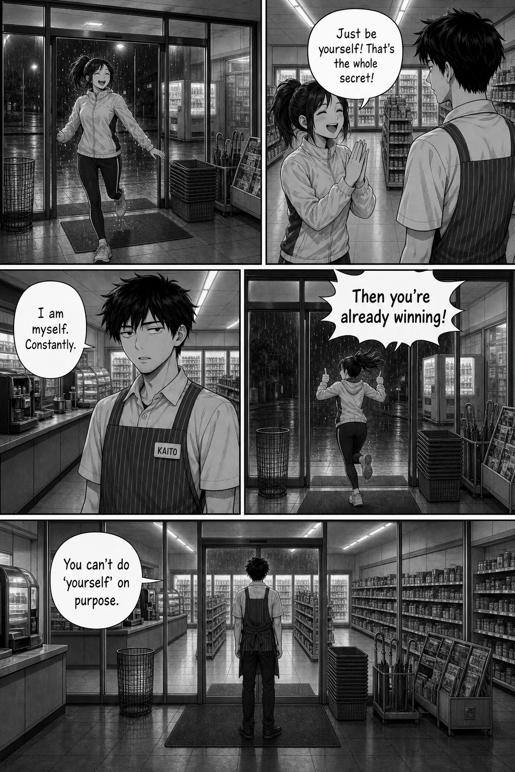 A cheerful jogger tells Kaito the secret is just to be yourself; he points out you can't do that on purpose.