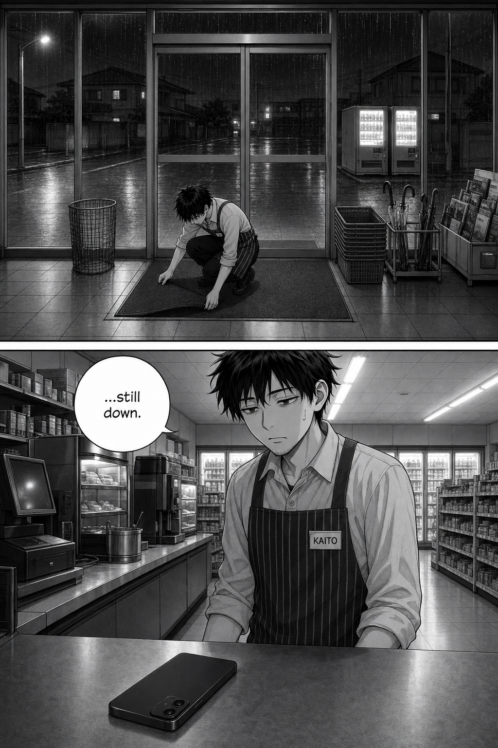 Kaito straightens the entrance mat with no performance left in him, then checks the counter: the phone is still face-down.