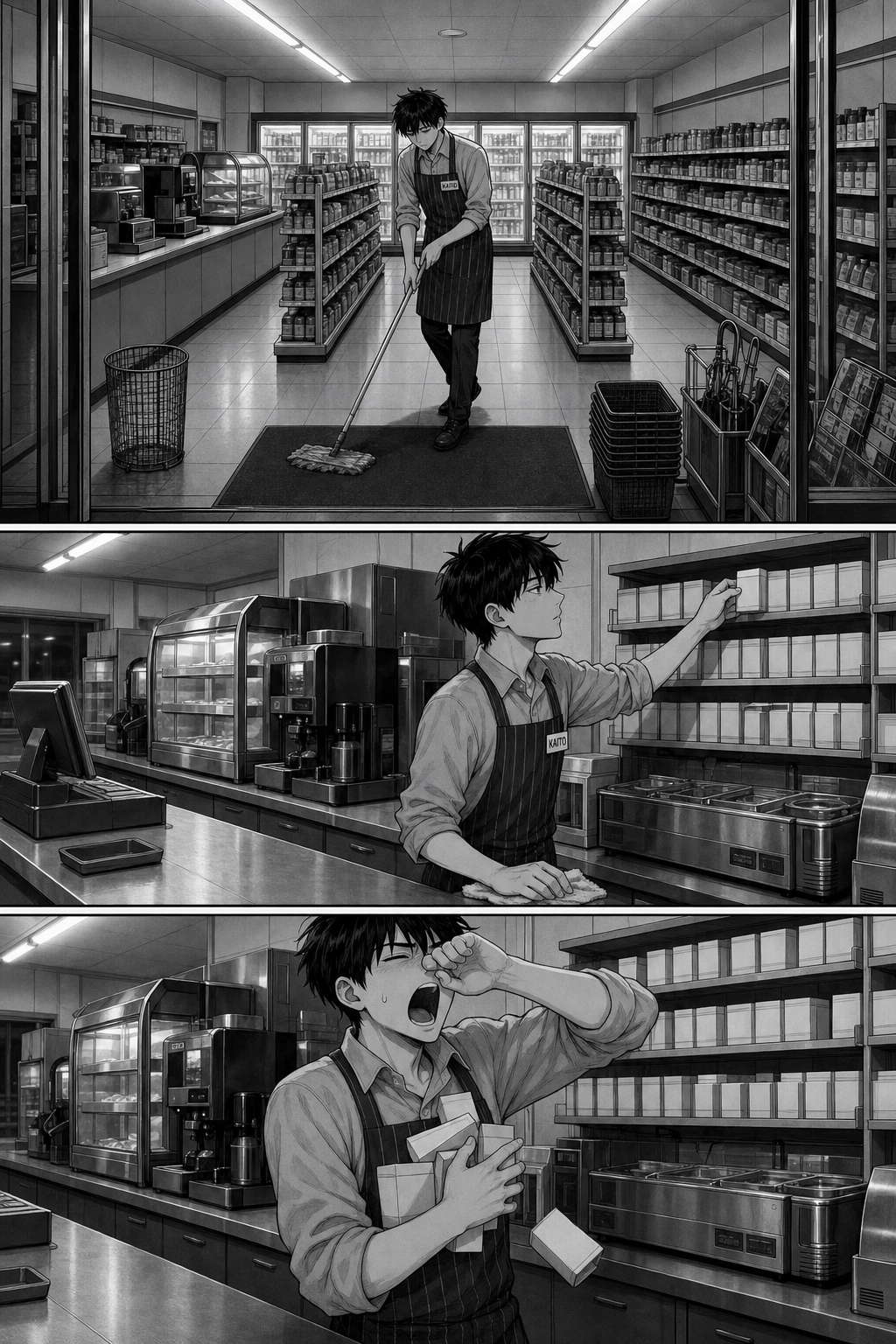 Silent page: Kaito mops the gangway, restocks the rack and yawns, working properly with nobody watching.