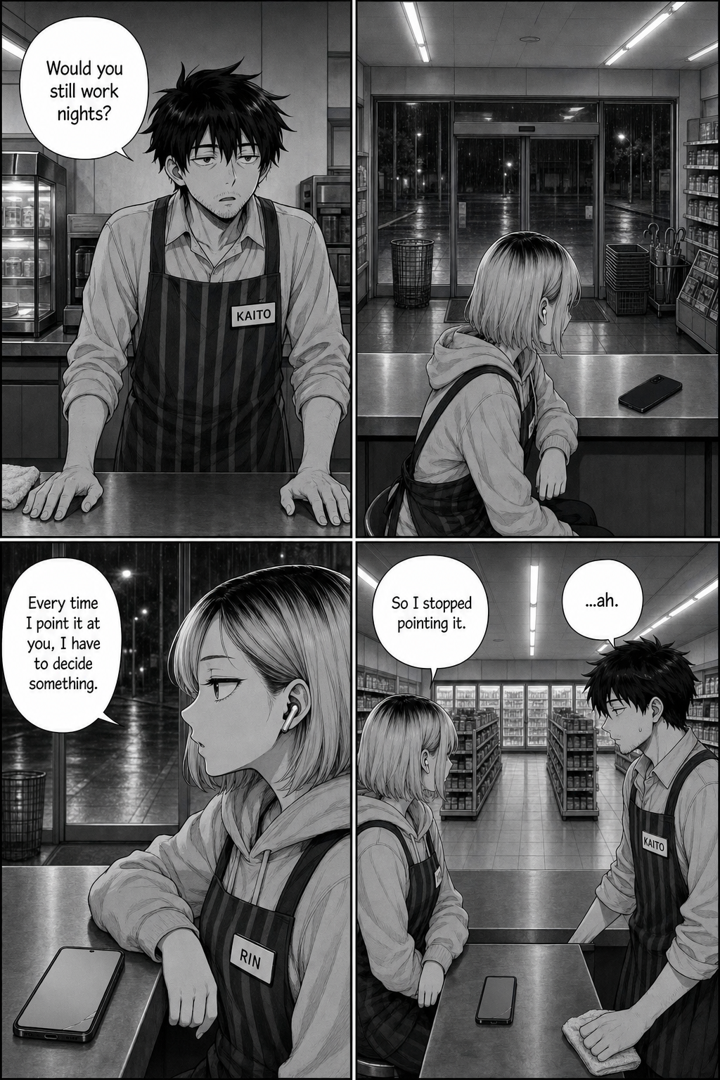 Kaito asks whether she would still work nights; Rin doesn't answer, and explains that pointing the camera at him means deciding something.