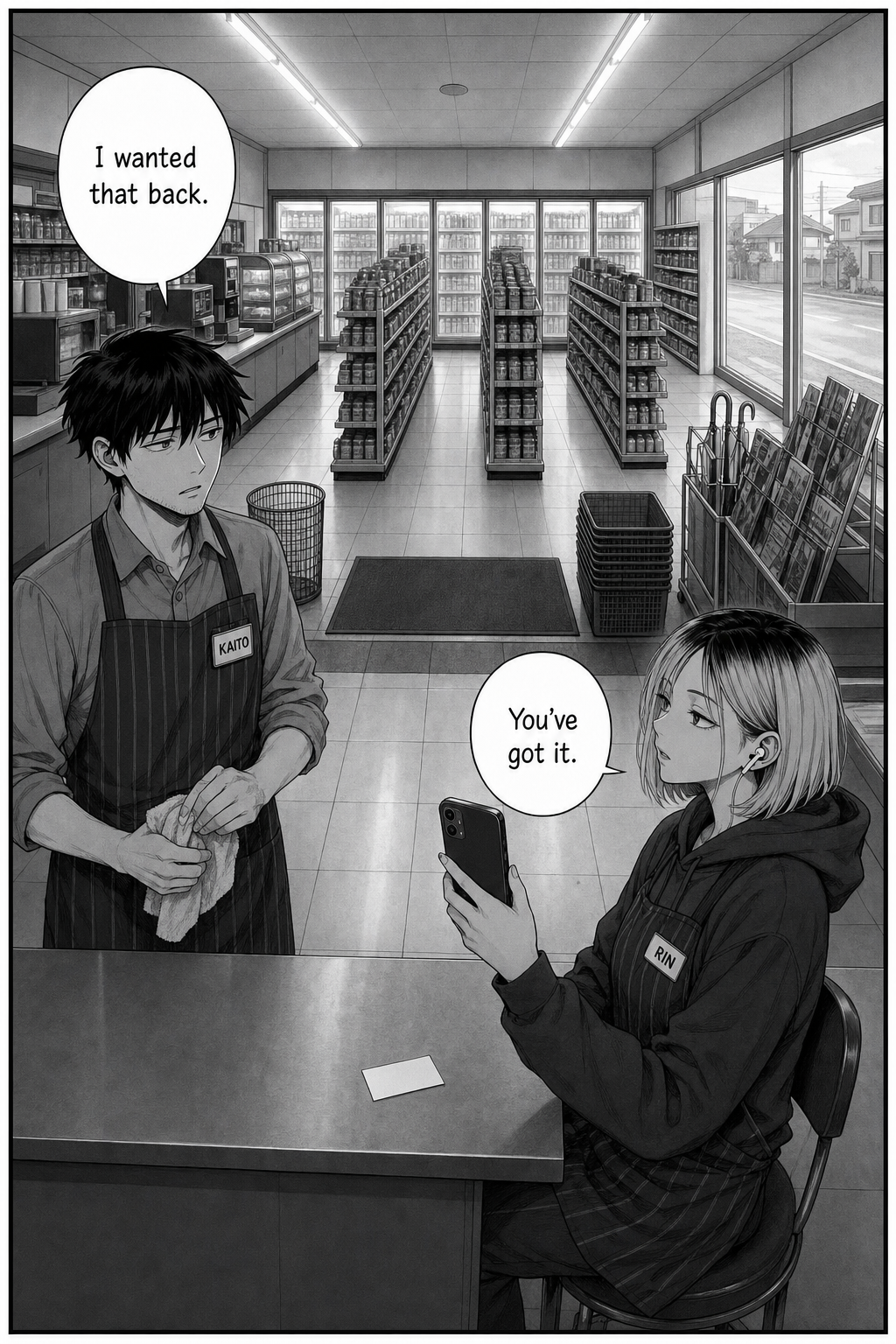 Morning daylight from the same angle as page one: Rin films Kaito again, a blank white card lying on the counter beside her.
