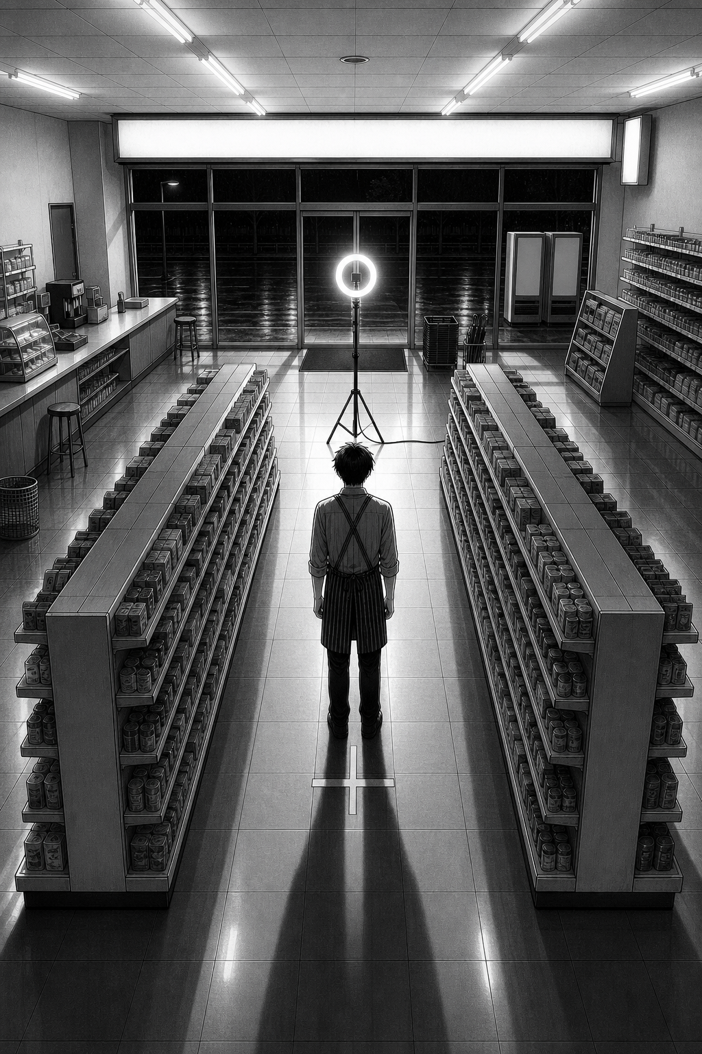 Silent splash: the shop seen down the gangway with the ring light blazing, aisle shadows thrown long, Kaito small and alone on the mark.