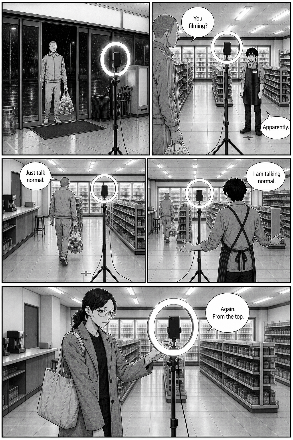 The tracksuit regular walks in, asks if they're filming, tells Kaito to just talk normal, and leaves; Sae calls for another take.