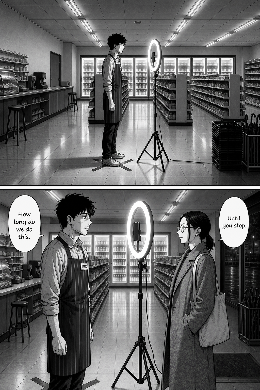 Kaito stands on the mark staring into the lit hoop and asks how long this goes on; Sae says: until you stop.