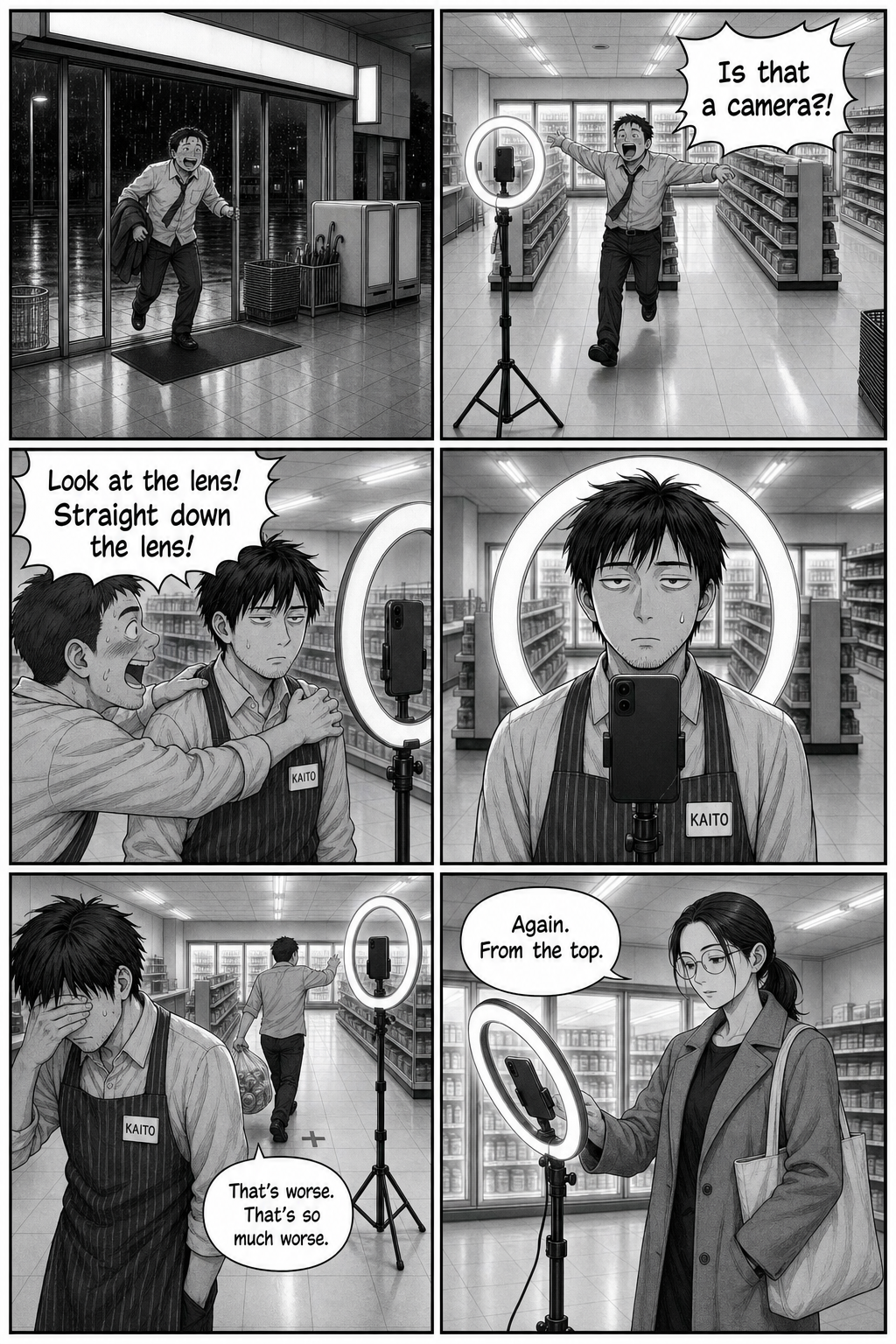 A drunk salaryman crashes the shot, aims Kaito straight down the lens, and makes everything worse; Sae calls another take.