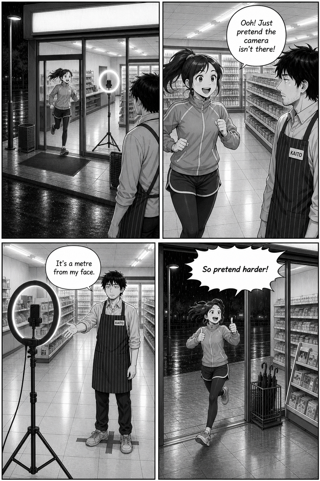 A cheerful jogger tells Kaito to pretend the camera isn't there; it is a metre from his face.