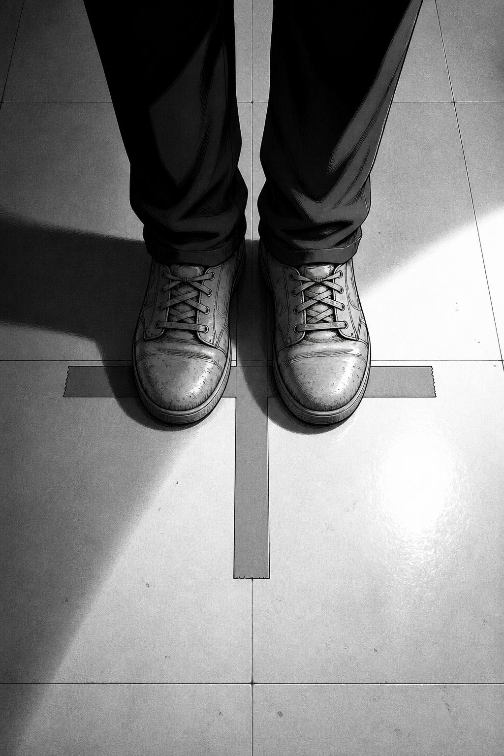 Silent splash from directly above: Kaito's worn shoes planted precisely on the tape cross, his shadow thrown long across the tile.