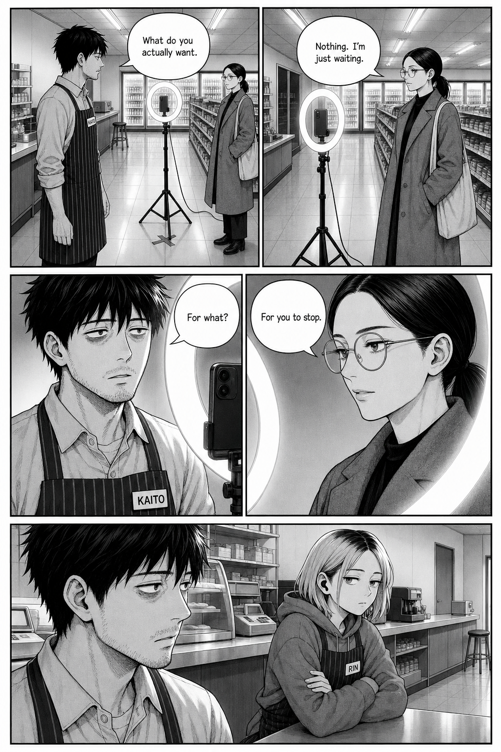 Kaito asks Sae what she actually wants; she says she is waiting for him to stop — and he notices Rin has not filmed anything all night.