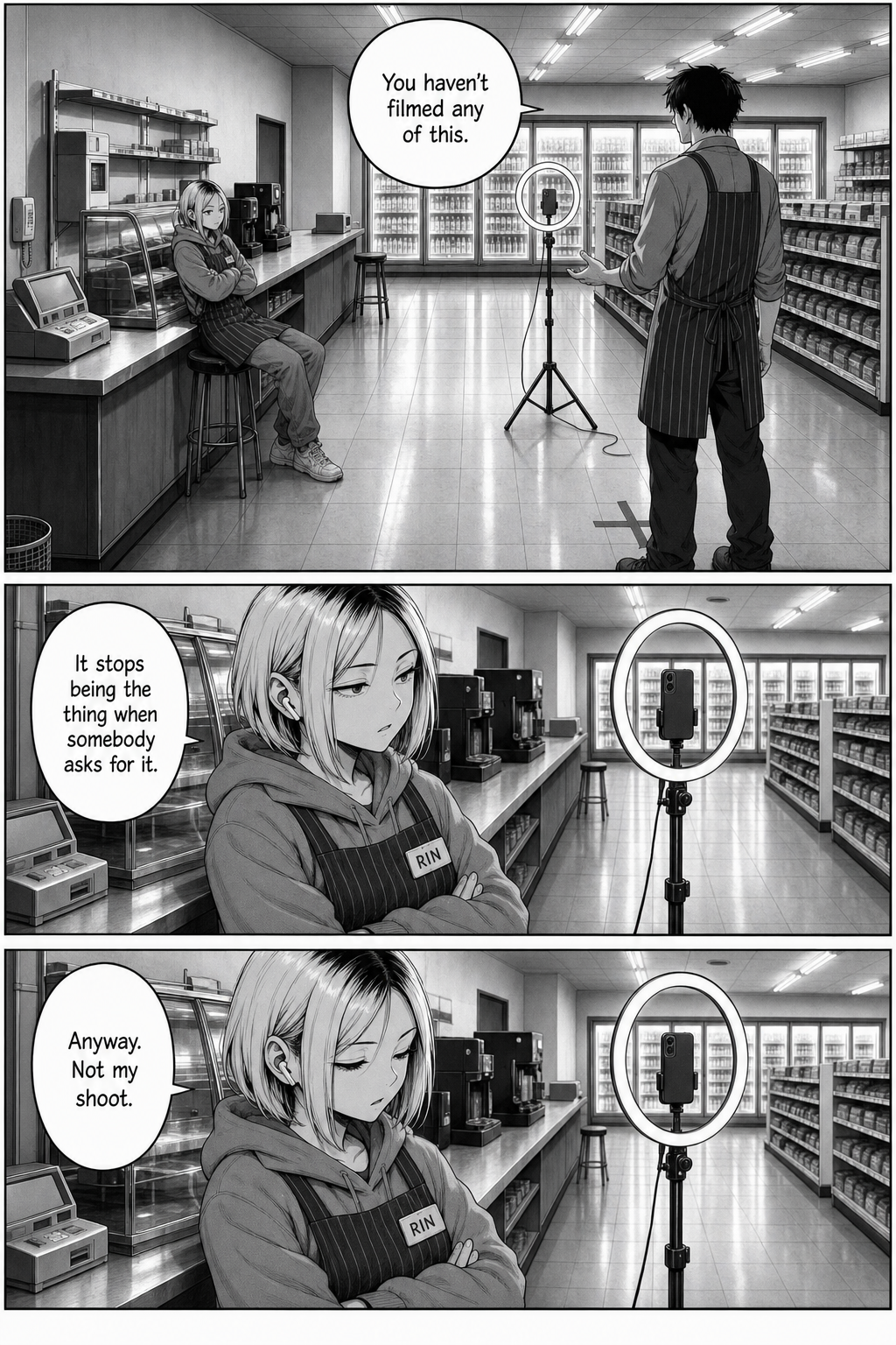 Rin tells Kaito that it stops being the thing when somebody asks for it, then closes the subject: not my shoot.