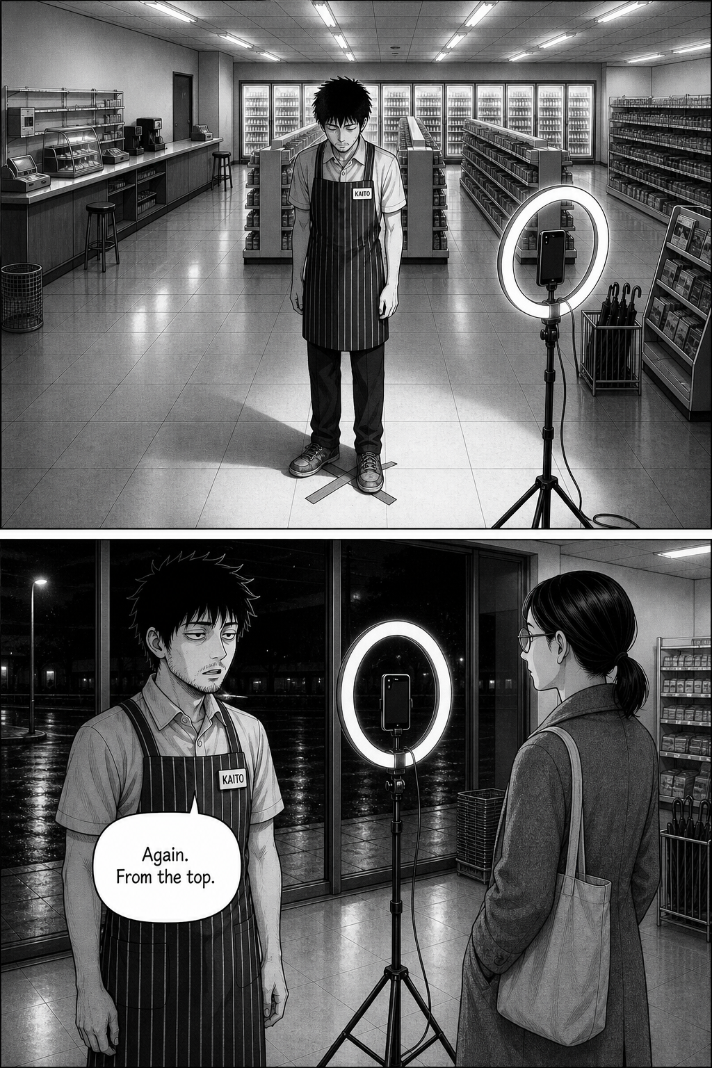 Hollowed out, Kaito takes the mark again and says the line himself before Sae can: again, from the top.