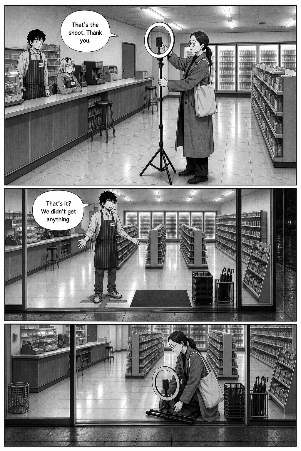 Sae switches the light off and calls the shoot; Kaito protests that they didn't get anything, and she says nothing at all.