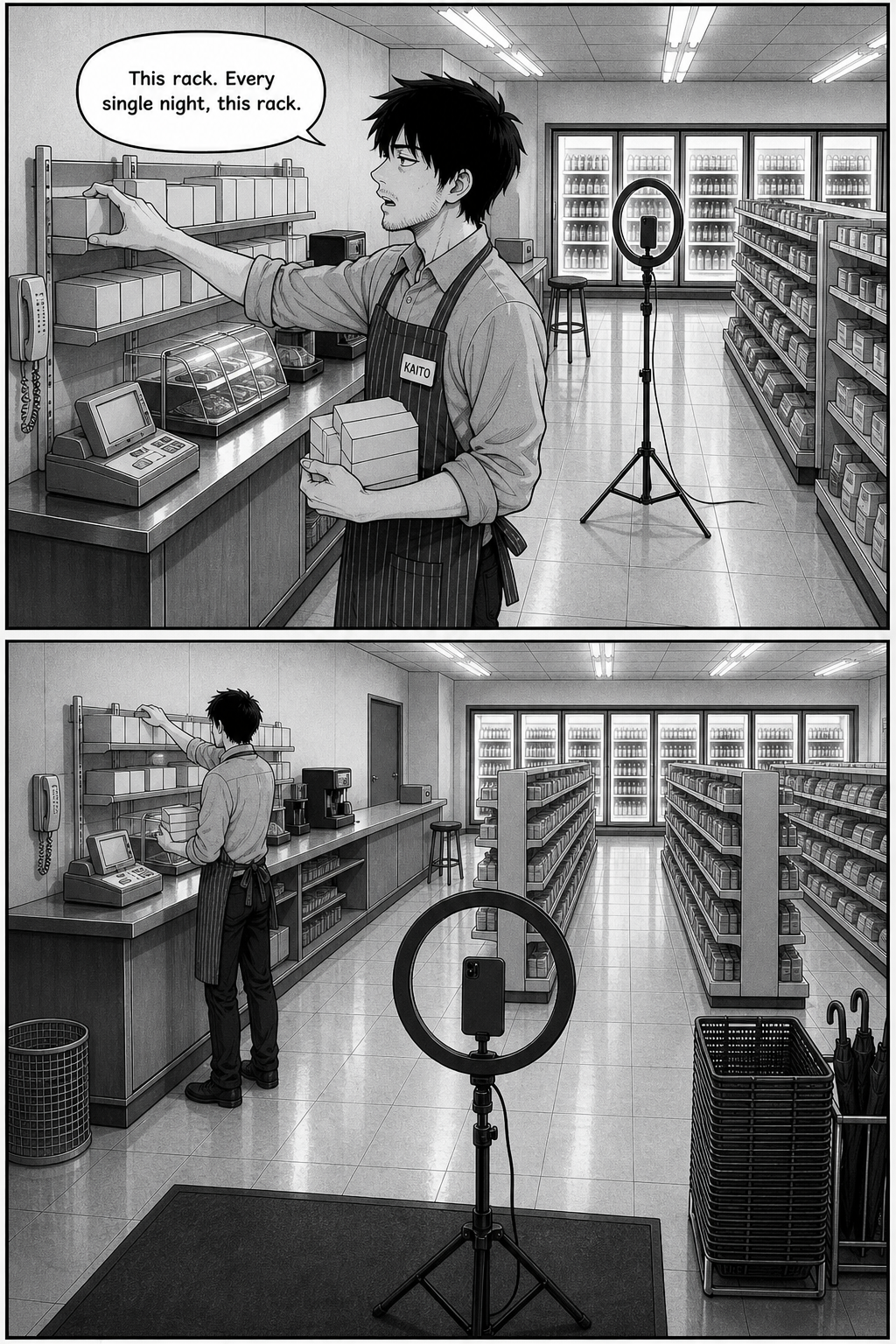 Released, Kaito goes back to the carton rack and mutters at it with real irritation — while behind him the unlit rig still has a phone pointed at him.