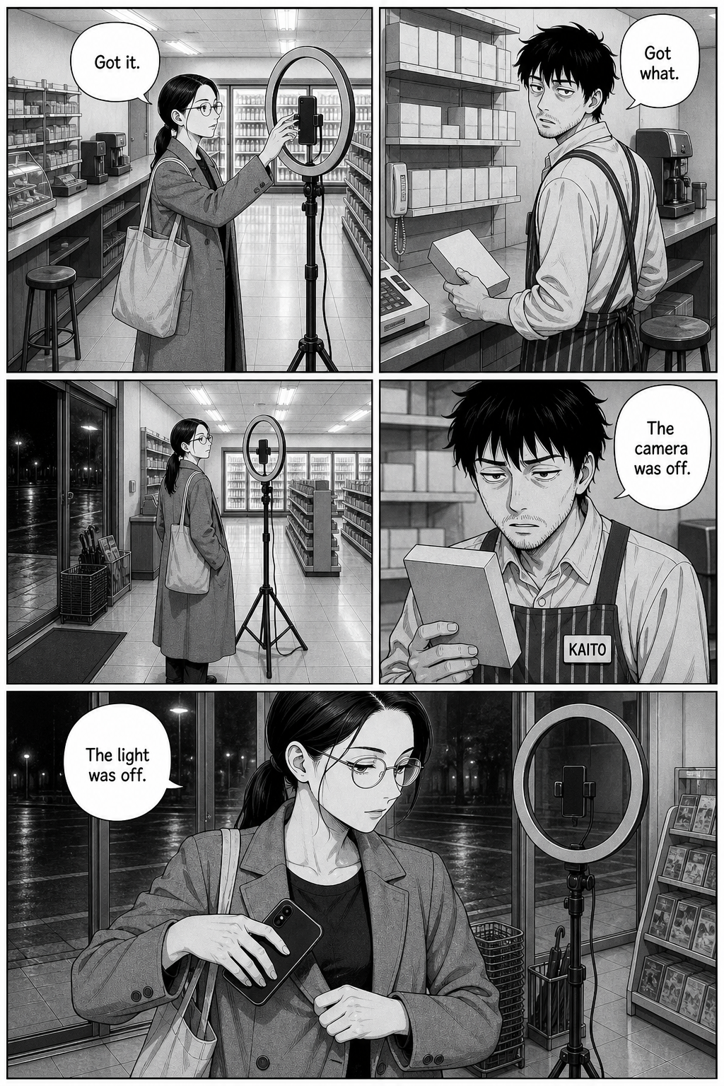 Sae says she got it. Kaito objects that the camera was off; she answers that the light was off.