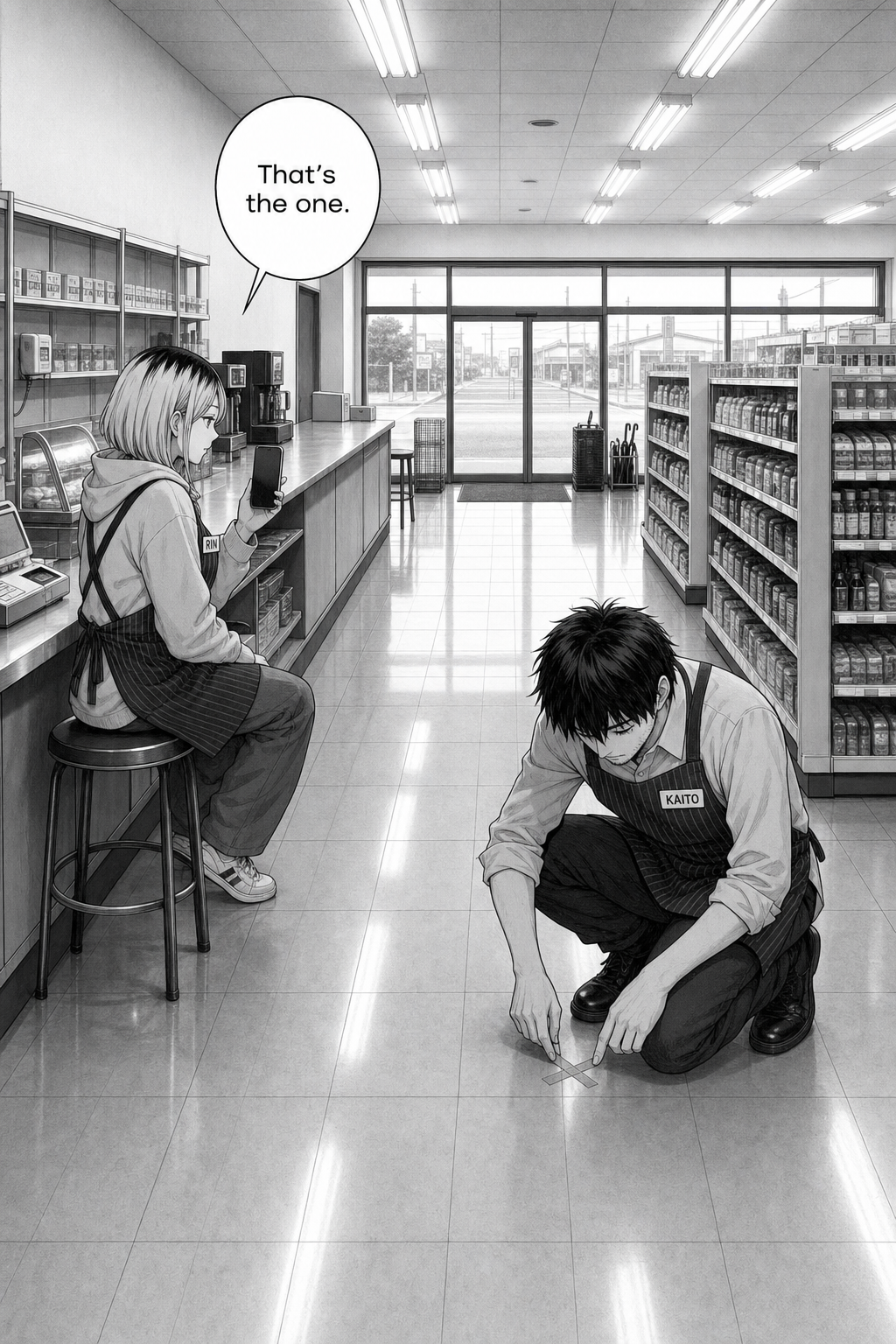Dawn daylight from the same angle as page one: Kaito crouches inside the shop peeling the tape cross off the tile while Rin films him from her stool.