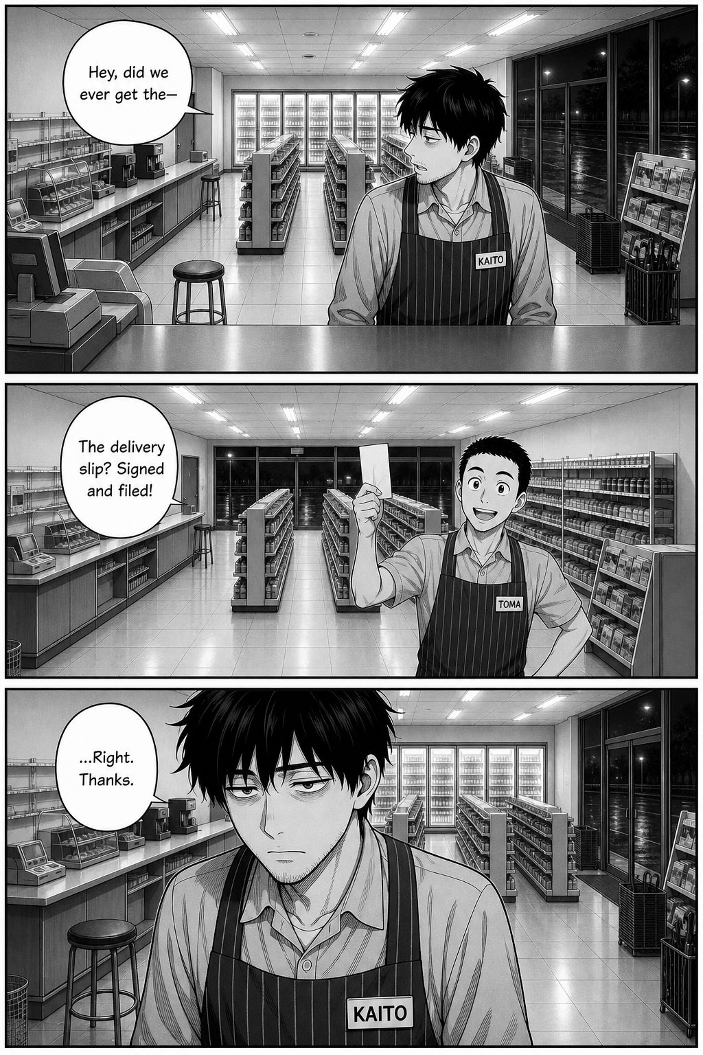 Kaito turns to Rin's empty stool to ask something out of habit, but Toma answers first; Kaito mutters, deflated, "...Right. Thanks."