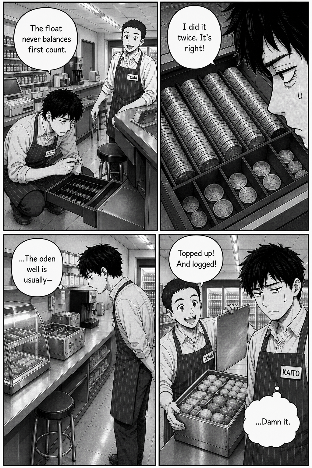 Kaito hunts for a mistake in Toma's work — the float, the oden — but everything is perfect; he thinks "Damn it."
