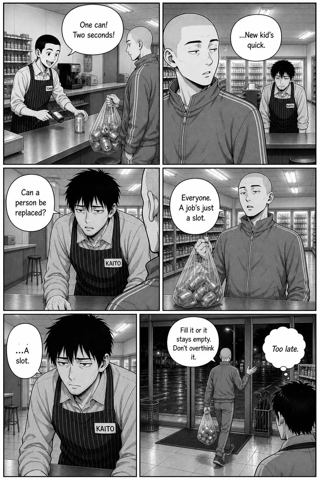 A regular in a grey tracksuit with a bag of empty cans tells Kaito that everyone is replaceable — a job is just a slot to be filled.