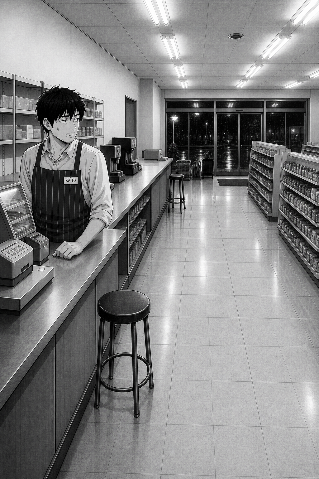 A single quiet panel: Kaito alone at the counter, glancing at Rin's empty stool, a sweat drop at his temple.
