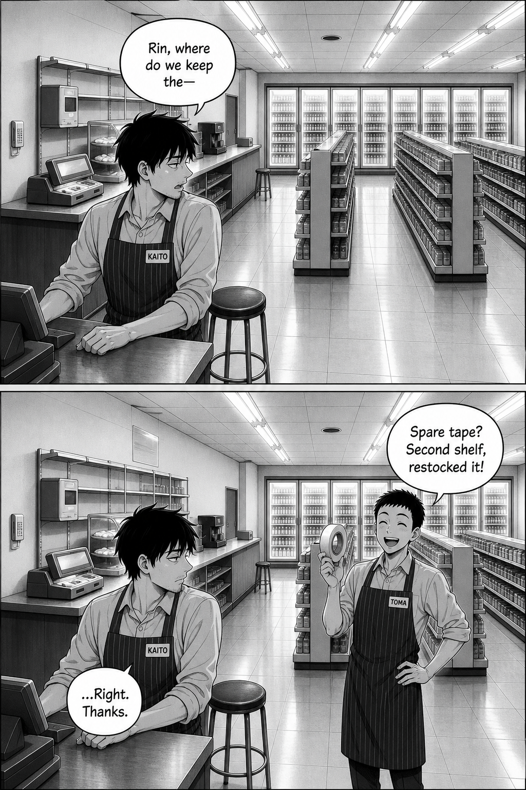 Kaito again turns to the empty stool to ask Rin something; Toma answers first, and Kaito repeats "...Right. Thanks."