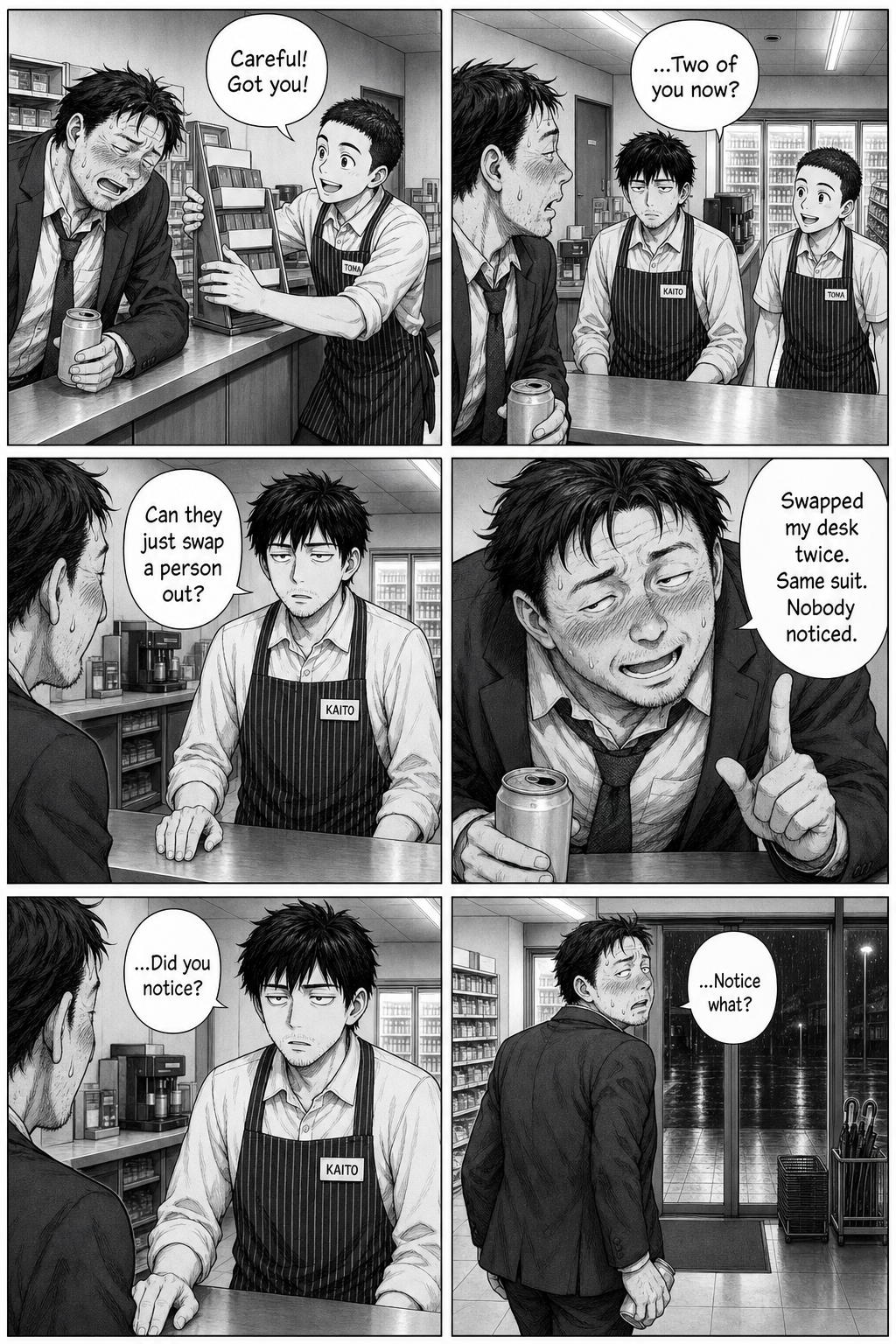 A drunk salaryman insists he was swapped out at his own desk twice and nobody noticed — then can't remember what he was talking about.