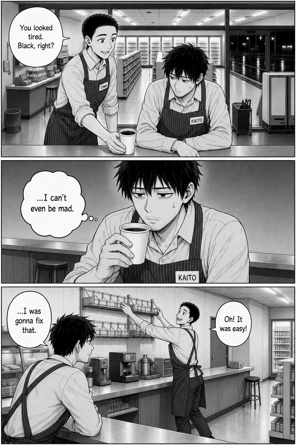 Toma brings Kaito a coffee unasked and fixes the carton rack Kaito always meant to fix; Kaito can't even be annoyed.