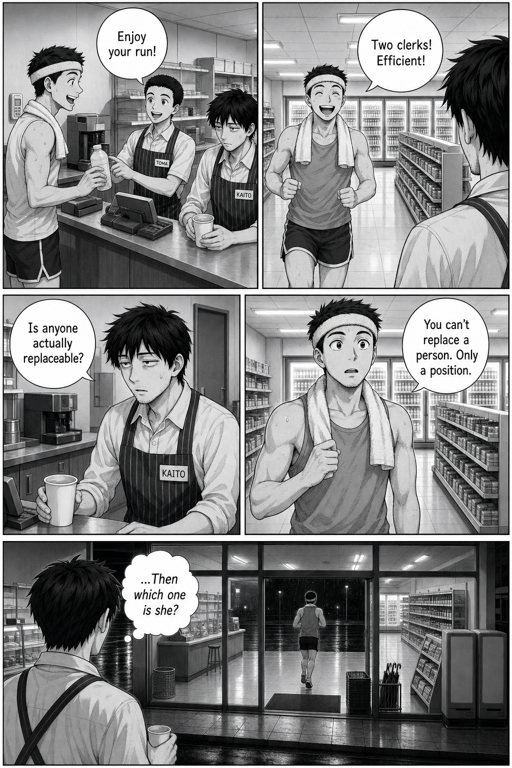 A cheerful jogger tells Kaito you can't replace a person, only a position; Kaito wonders which one Rin is.