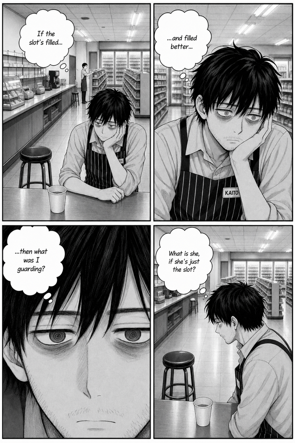 In four tightening panels Kaito spirals: if the slot is filled, and filled better, what was he guarding — and what is Rin if she's just the slot?