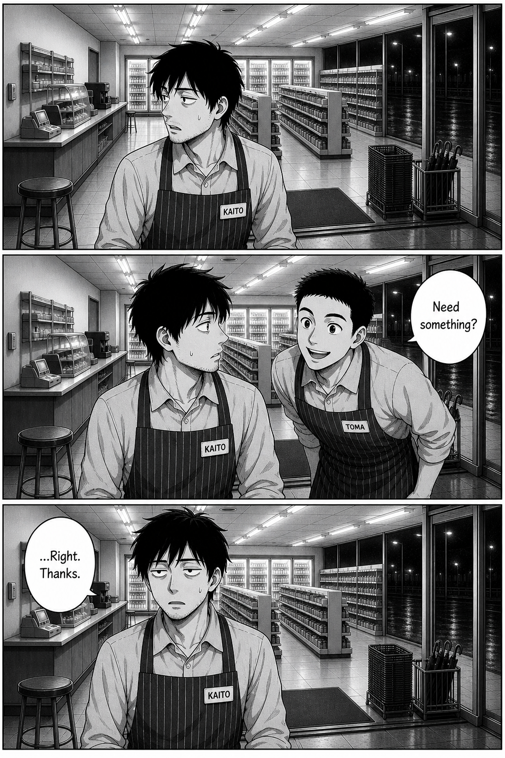 Kaito turns to the empty stool again but stops — she isn't there; Toma offers help and Kaito gives a hollow "...Right. Thanks."