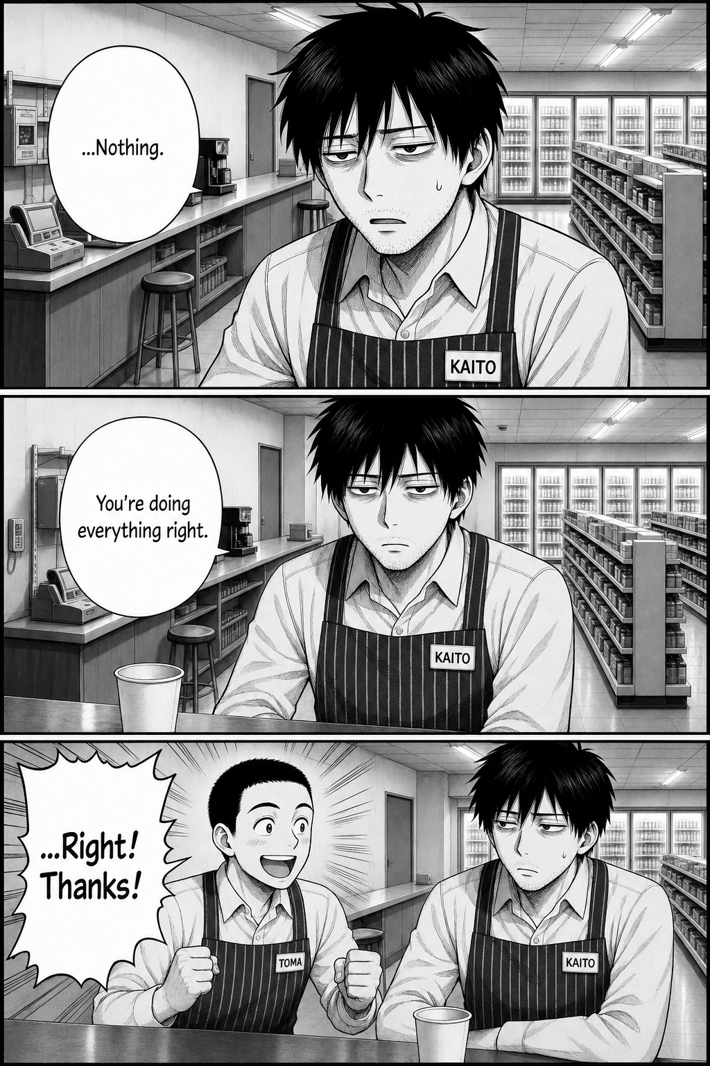Cornered into honesty, Kaito tells Toma he's doing everything right; Toma beams "...Right! Thanks!" and the question is settled the worst way.