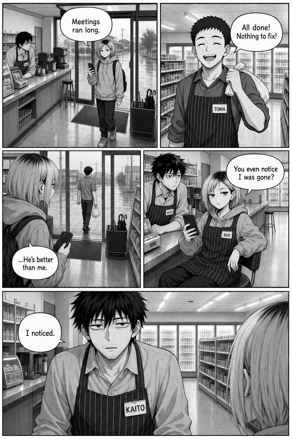 At dawn Rin returns and Toma leaves; she says he's better than her, asks if Kaito noticed she was gone, and he says he did.