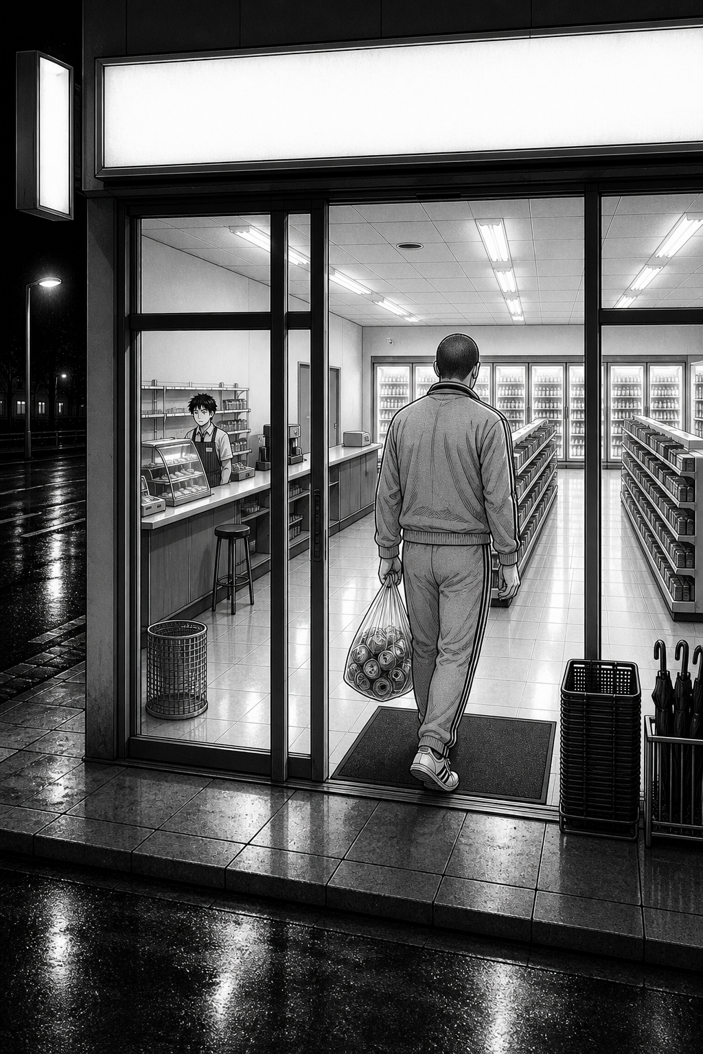 The sliding doors part and a tall shaved-headed man in a grey tracksuit enters carrying a clear bag of empty cans.