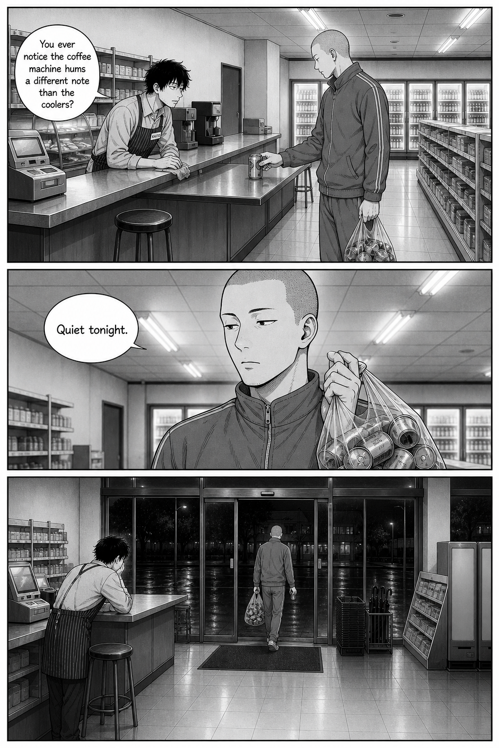Kaito leans in to make conversation as the tracksuit regular buys a can; the regular answers flatly and leaves.