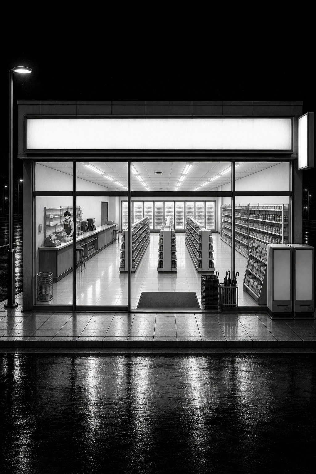 A high, wide view of the whole empty store at the deepest part of the night, Kaito a tiny figure behind the counter.