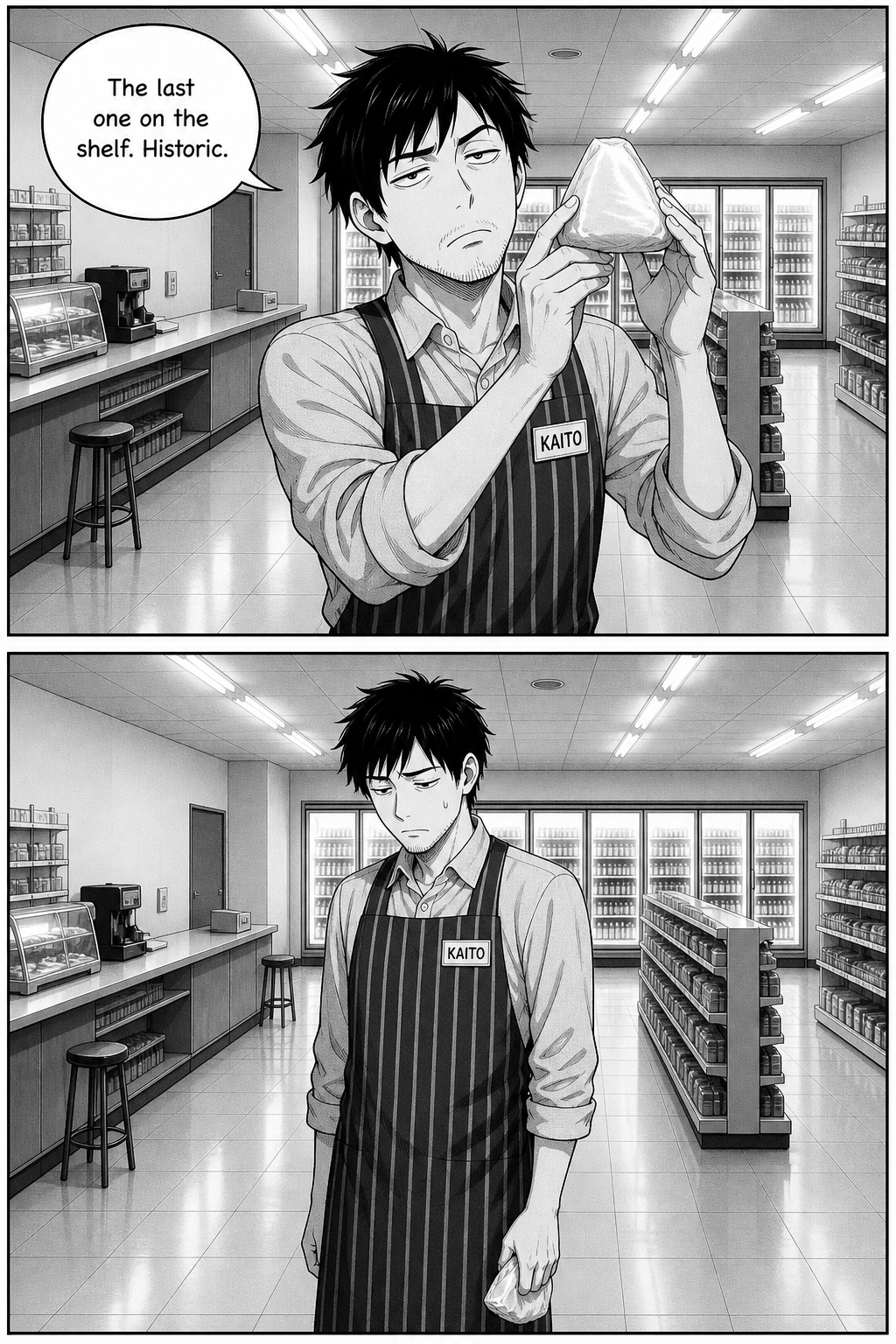 Kaito holds up a single rice ball dramatically for an imaginary audience, then lowers it, deflated and alone.